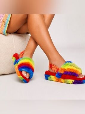 UGG Fluff Yeah Rainbow Pride Cali Collage Slide Slippers Sandals NWOB 7